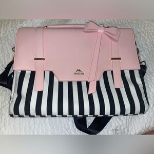 Womens laptop bag w/Pink Bow Top-Handle Satchel with Black & White Stripes